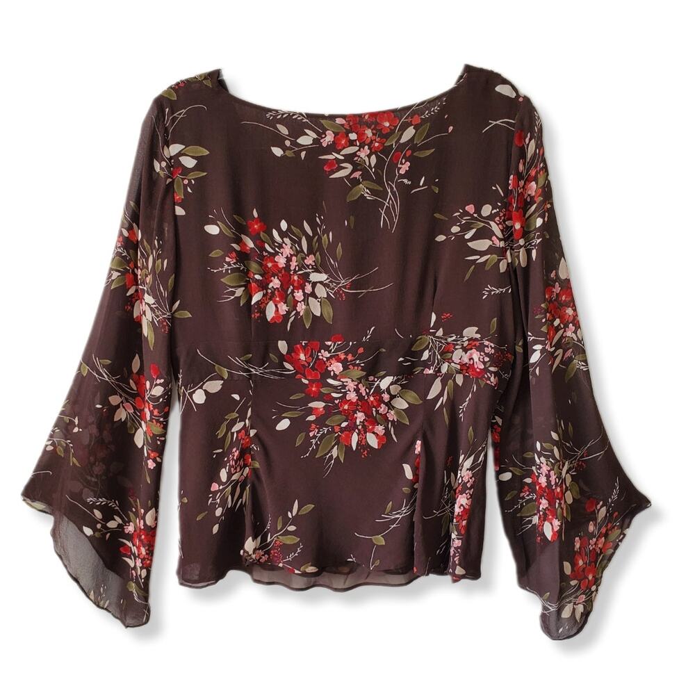 Women 90s Y2K Brown Floral Silk Blouse Top M Phoebe Buffay Fairy Goblin Nature - Picture 7 of 14